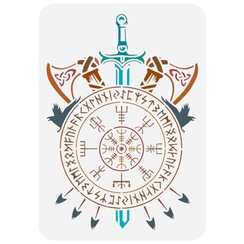 FINGERINSPIRE Große Schablone Zum Malen Mit Wikingerkompass 21x29.7 cm PET Wikinger Vegvisir Münze Sprühschablone Schablone Skandinavische Runen Zeichenvorlage Wikingerwaffen Pfeile Äxte Schwerter von FINGERINSPIRE