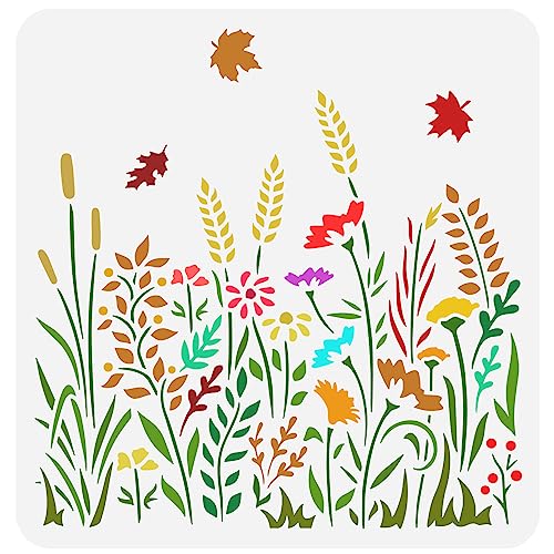 FINGERINSPIRE Herbst Wildblumen Schablone 30x30 cm Blumen Gras Malschablone Ahornblätter Schablone Herbstthema Zeichenvorlage Große Quadratische Schablone Für Zuhause Wandfliesen Möbeldekoration von FINGERINSPIRE