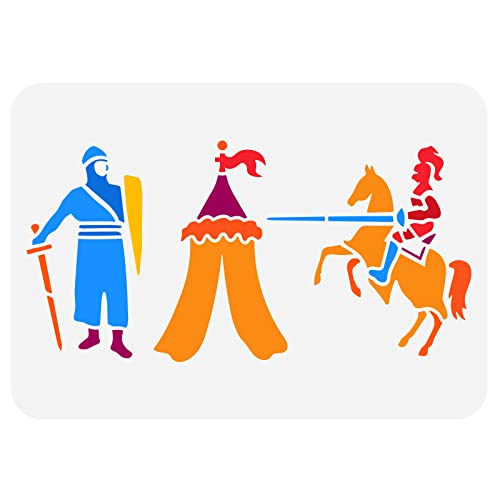 FINGERINSPIRE Jousting Knights Malschablone 29.7x21 cm Aushöhlen Pferd Zelt Schwert Schild Handwerk Schablone Kunststoff Stehende Ritter Reitritter Zeichenschablonen Für Die Wand, Schränke Dekor von FINGERINSPIRE