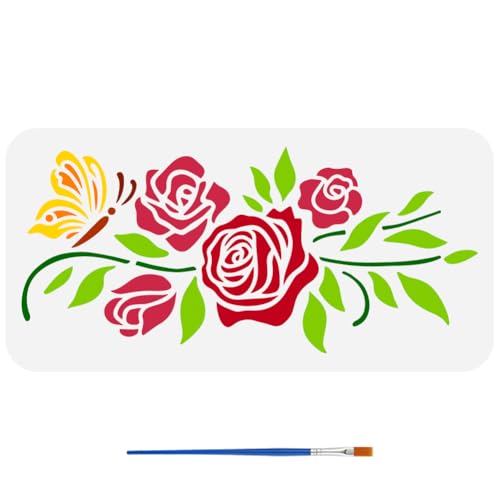 FINGERINSPIRE June Rosenblumen Schablone Mit 1 Stück Kunststoff Pinsel 30x15cm Schmetterlings Rosen Schablone Blumenblatt Rand Schablone Zum Bemalen Auf Holz Wänden Stoffen Möbeln DIY Heimdekoration von FINGERINSPIRE