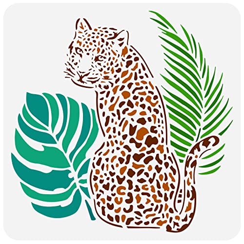 FINGERINSPIRE Leoparden Schablone 30x30 cm Wiederverwendbar Tropischer Leopard Malschablone DIY Kunst Tropisches Blatt Zeichnungsvorlage Pflanzen Tier Schablone Malerei Auf Holz Wand Und Möbel von FINGERINSPIRE