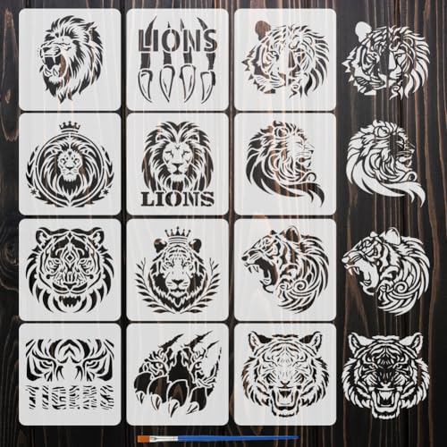 FINGERINSPIRE Löwen- und Tiger-Schablonen zum Malen mit Pinsel, 15 x 15 cm, wiederverwendbare Löwen-/Tigerkopf-Schablone, ausgehöhlte Tierpfoten-Schablone, Kunststoff, Tiermotiv-Vorlage für Wand- und FINGERINSPIRE Löwen- und Tiger-Schablonen zum Malen mit Pinsel, 15 x 15 cm, wiederverwendbare Löwen-/Tigerkopf-Schablone, ausgehöhlte Tierpfoten-Schablone, Kunststoff, Tiermotiv-Vorlage für Wand- und von FINGERINSPIRE