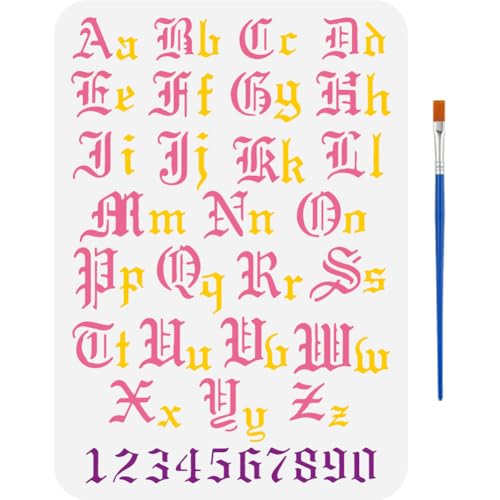 FINGERINSPIRE Malschablone Mit Altem Englischen Alphabet Und 1 Kunststoff Pinsel 21x29.7cm Kalligraphie Buchstaben Und Zahlen Musterschablone Buchstabenschablonen Zum Malen Auf Holz Stoff Und Wänden von FINGERINSPIRE