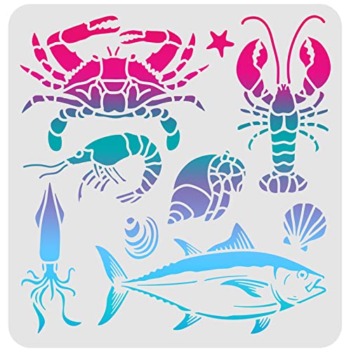 FINGERINSPIRE Meerestier-Schablone 30x30cm Fisch/Garnelen/Krabben/Oktopus/Muscheln/Muscheln Zeichenschablone Meerestiere Schablone zum Malen auf Holzfliesen Papier Stoff Bodenwand von FINGERINSPIRE