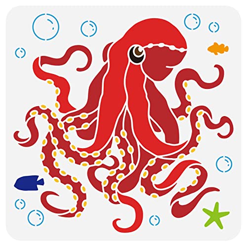 FINGERINSPIRE Oktopus Musterschablone 30x30cm Wiederverwendbare Meerestiere Bastelschablone Aushöhlen Ozean Seestern Seefisch Blasen Schablone Für Die Wand, Schränke, Fenster, Segeltuch von FINGERINSPIRE