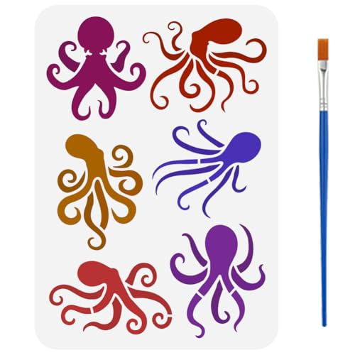 FINGERINSPIRE Oktopus Schablone Mit 1 Kunststoff Pinsel 21x29.7cm Wiederverwendbar Oktopus Muster Tiermotiv Vorlage Zum Malen Auf Wänden Holz Stoff Leinwand Möbeln DIY Heimdekoration von FINGERINSPIRE