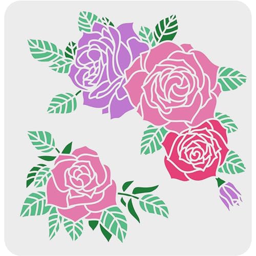 FINGERINSPIRE Rosen-Zeichenschablonen, 30 x 30 cm, Kunststoff, Rosen-Schablonen, Dekoration, quadratische Blumenschablonen zum Malen auf Holz, Boden, Wand und Stoff… von FINGERINSPIRE