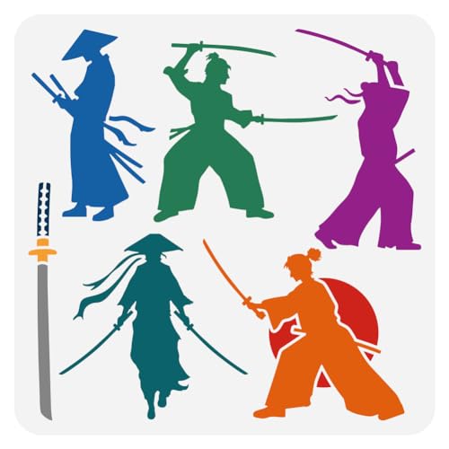 FINGERINSPIRE Samurai Krieger Schablone Zum Malen 30x30 cm Wiederverwendbare Schwertkämpfer Muster Zeichenvorlage Dekorative Mann Silhouette Malschablone Kunststoff Ost Schwerter Hut Mustervorlage von FINGERINSPIRE
