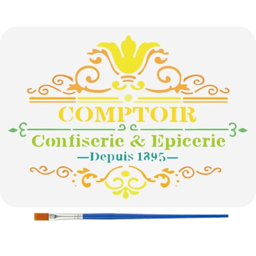 FINGERINSPIRE Schablone Zum Bemalen Eines Lebensmittelladens Im Vintage Stil 21x29.7cm Poster Alte Thekenschablone Mit Pinsel Blumen Schablone COMPTOIR Confiserie & Epicerie Depuis 1895 Schablone von FINGERINSPIRE