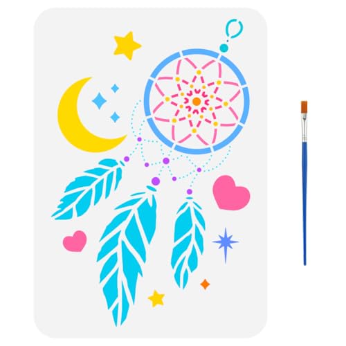 FINGERINSPIRE Schöne Traumfänger Malschablone Mit Pinsel 21x29.7cm Mond Und Sternschablone Federn Liebes Und Herzmuster Schablone Mit Fantasiemotiv Zum Malen Auf Holz Stoff Und Kleidung von FINGERINSPIRE
