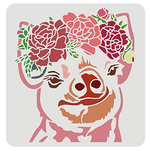 FINGERINSPIRE Schweine Und Blumen Schablone 30x30cm Tierschablonen Pflanzenschablone Stencil Schablonen Zum Malen, Basteln Basteln Bauernhoftiere Schablonen Auf Papier, Holz, Fliese, Mauer, Stoff von FINGERINSPIRE