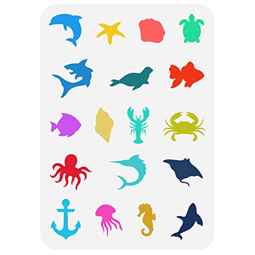 FINGERINSPIRE Sea Ocean Creatures Schablone 21x29.7cm Schildkröte Seestern Schablone, Plastik Hai Robbe Krabben Oktopus Muster Malschablone Wiederverwendbare Schablone Für Wandmöbel, Heimdekoration von FINGERINSPIRE