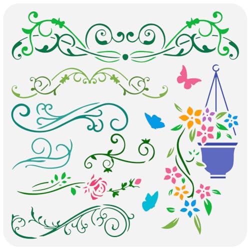 FINGERINSPIRE Set Mit Blumenrand Malerei Große Schablone 30x30 cm PET Blumentopf Sprühen Schablone Wiederverwendbar Natur Blumenrand Wandschablone Chlorophytum Comosum Pflanze Verzierte Randschablone von FINGERINSPIRE