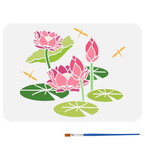 FINGERINSPIRE Sommer Seerosen Malerei Große Schablone Mit Kunstpinsel 21x29.7 cm PET Lotus Teich Mit Libelle Zeichenschablone Sommer Lotus Sprühvorlage Für Holzfliesen Papierwände von FINGERINSPIRE