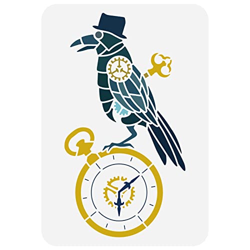 FINGERINSPIRE Steampunk Krähenschablone 21x29.7cm Krähenschablone Krähenzeichnung Schablone Federuhr Muster Schablone Mechanischer Stil Schablone für Möbel Tür Wanddekor von FINGERINSPIRE