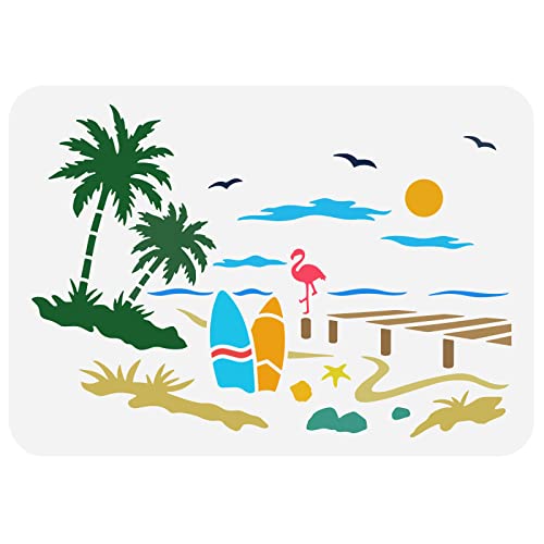 FINGERINSPIRE Strandlandschaft Schablone 21x29.7cm Ozean Strand Schablone Kunststoff Kokospalmen Möwen Flamingo Muscheln Muster Malerei Schablone Wiederverwendbare Schablone Für Wandmöbel Wohnkultur von FINGERINSPIRE