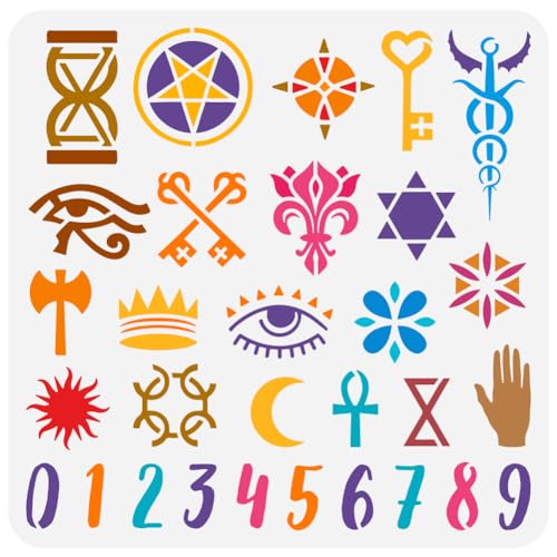 FINGERINSPIRE Tarot Symbole Malschablone 30x30 cm Ausgehöhlte Tarot Symbolmuster Zeichenvorlage Große Sanduhr Schlüssel Auge Mond Hand Zahlen Schablone Zum Malen Auf Holz Stoff Leinwand von FINGERINSPIRE