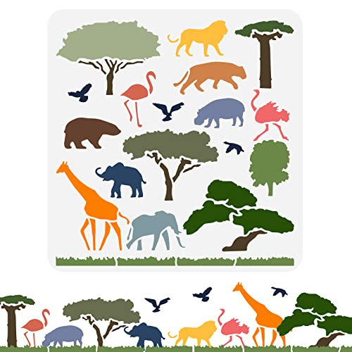FINGERINSPIRE Tierschablone 30x30cm Elefant Löwe Giraffe Malschablone Wiederverwendbare Waldbaum Flamingo Strauße Vögel Bastel Schablonen zum Malen für Holzschilder, Wand, Leinwand Dekor von FINGERINSPIRE