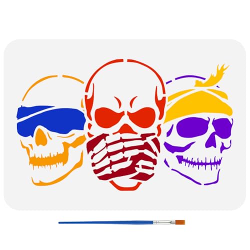 FINGERINSPIRE Totenkopf Schablone Mit Pinsel 29.7x21cm Schablone Mit Drei Weisen Totenköpfen Skelett Mit Bandanas Malschablone Totenkopf Thema Zeichenvorlage Für Wandfliesen Boden Papier Möbel FINGERINSPIRE Totenkopf Schablone Mit Pinsel 29.7x21cm Schablone Mit Drei Weisen Totenköpfen Skelett Mit Bandanas Malschablone Totenkopf Thema Zeichenvorlage Für Wandfliesen Boden Papier Möbel von FINGERINSPIRE