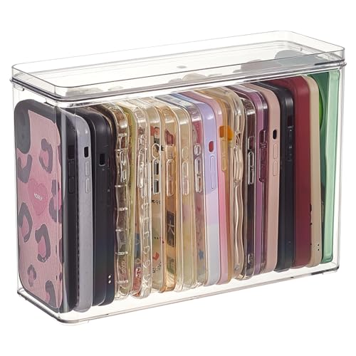 FINGERINSPIRE Transparenter Handyhüllen Organizer 25.5x9.1x18.3 cm PET Stapelbare Handyhüllen Aufbewahrungsbox Rechteckig Multifunktionaler Handyhüllenhalter Mit Deckel Für Schreibtisch Organizer von FINGERINSPIRE