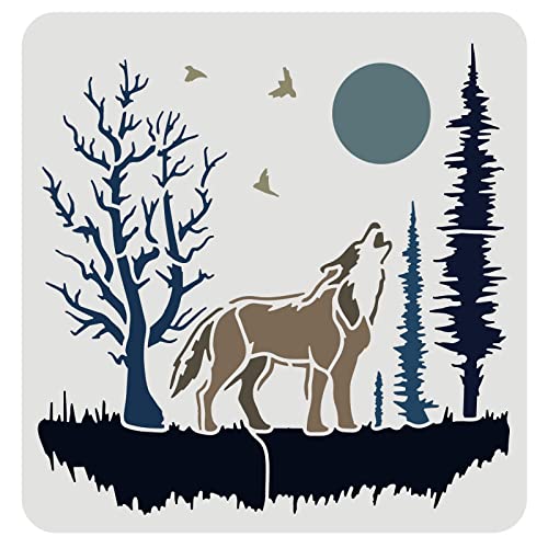 FINGERINSPIRE Wolf Schablone für Malerei 30x30cm Kunststoff Wald Bäume Handwerk Schablonen Mond Vögel Große Schablone Wald Wolf Schablonen Vorlage für Malerei auf Holz, Stoff, Wände und Fliesen von FINGERINSPIRE