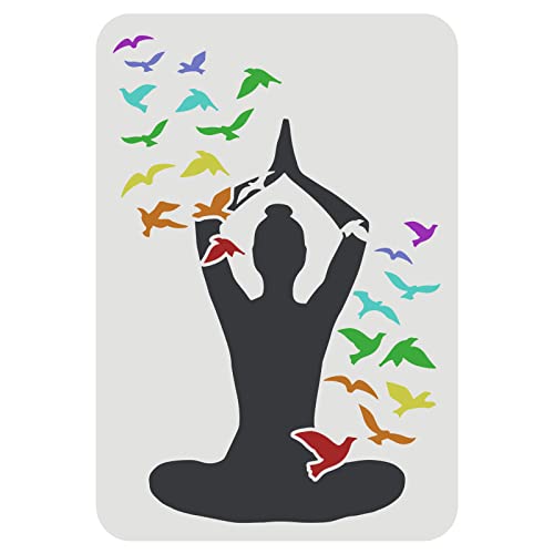 FINGERINSPIRE Yoga Pose Schablone 29,7x21cm Yoga Zeichnungsschablone Frauen die Yoga praktizieren Schablone Yoga und Fliegende Vögel Schablone zum Malen auf Wand Leinwand, Möbeln und Papier von FINGERINSPIRE