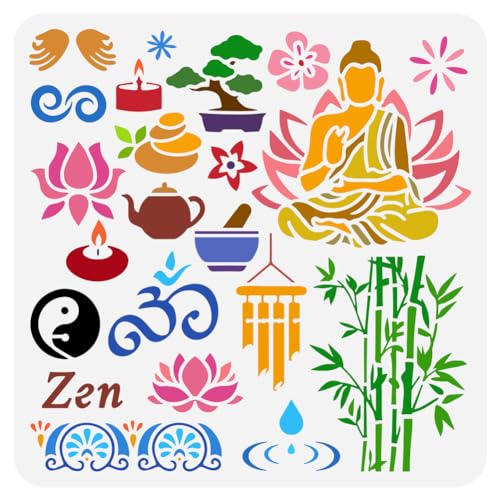 FINGERINSPIRE Zen Motive Malerei Schablone 30x30cm Buddha Schablone Lotus Schablone Kerze Schablone Bambus Schablone Religiöses Thema Handwerk Schablone für Malerei auf Wand Holz Möbel DIY Home Decor von FINGERINSPIRE