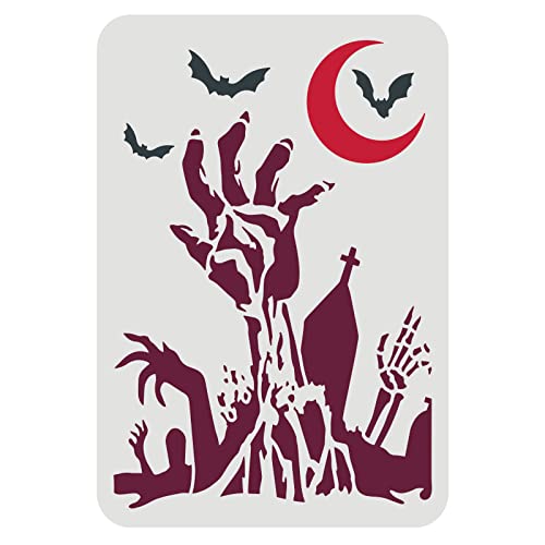 FINGERINSPIRE Zombie Hand Schablone 29,7 x 21 cm Zombie Hände Muster Schablone Mond Fledermaus Grab Zombie Hände Halloween Schablonen zum Malen auf Wand, Leinwand, Fliesen, Möbel und Papier von FINGERINSPIRE