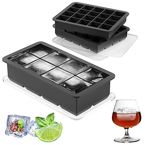 FINIBO Eiswürfelform, 3 Stück Eiswürfelbehälter mit Deckel, 8-Fach Groß Silikon Eiswürfel Form und 20+20 Stapelbaren Kleinen Ice Cube Tray, BPA Frei Eiswürfelformen für Whiskey, Cocktails, Saft, DIY von FINIBO