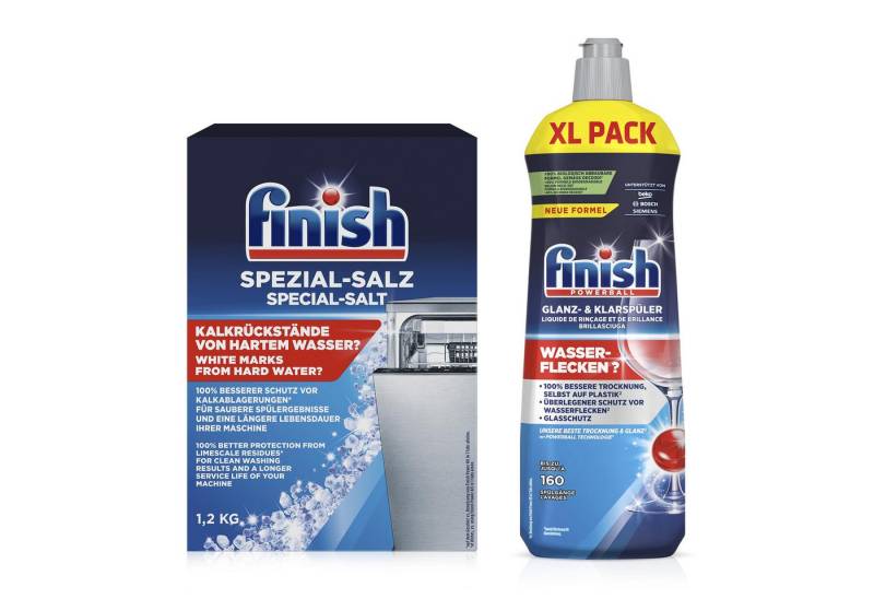 FINISH Klarspüler (800ml) & Spezial Salz (1,2 kg) Klarspüler (Spülmaschinenpflege-Set, [2-St. gegen Kalk & Flecken) von FINISH