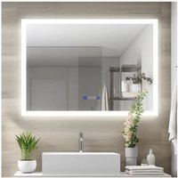 80x60 cm Badspiegel mit Beleuchtung und Uhr 3 Lichtfarben Dimmbar,Helligkeit Einstellbar,Memory-Funktion von FINMRYS