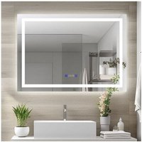 Finmrys - Badspiegel mit Beleuchtung und Uhr 100x60 cm 3 Lichtfarben Dimmbar,Helligkeit Einstellbar,Memory-Funktion von FINMRYS