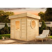 Finntherm - Comfort Set Saunahaus Cubus Gartensauna 3 Sitzbänke aus Holz, Sauna mit 70 mm Wandstärke, Außensauna mit Montagematerial Naturbelassen von FINNTHERM