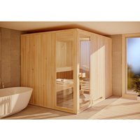 FinnTherm Innensauna Ergo Ausblick Innensauna 3 Sitzbänke aus Holz , Saunakabine mit 40 mm Wandstärke, Dampfsauna mit Montagematerial von FINNTHERM