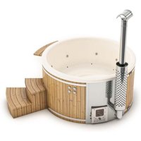 Badefass Stockholm aus Thermoholz, Badebottich, Hot Tub mit Holzofen, Whirlpool, Schwimmbecken, Jacuzzi outdoor, inkl. Minibar beheizbar, ø 180 cm, von FINNTHERM