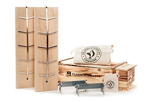 FINNWERK Flammlachsbrett Geschenkset - Lachsbretter mit Halterung aus Edelstahl und praktischem Winkelsystem - Räucherbrett aus massiver Birke - Perfektes Outdoor Geschenk mit Echtholz-Geschenkbox von FINNWERK