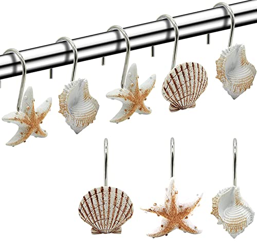 FINROS Seashell Duschvorhang-Haken, 12 Stück, Anti-Rost, dekorative Harz-Haken für Badezimmer, Babyzimmer, Schlafzimmer, Wohnzimmer, Dekoration (hellbraune Muschel) von FINROS