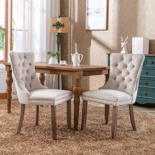 FINTHOMING Esszimmerstühle 2er Set, Küchenstühle 2er Set, Tufted Hoher Rücken Esstisch Stühle, Samt Weich Gepolstert Essstuhl mit Holzbeinen, Nieten Dekoration, Belastbarkeit 130kg, Beige FINTHOMING Esszimmerstühle 2er Set, Küchenstühle 2er Set, Tufted Hoher Rücken Esstisch Stühle, Samt Weich Gepolstert Essstuhl mit Holzbeinen, Nieten Dekoration, Belastbarkeit 130kg, Beige von FINTHOMING