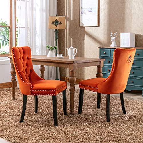 FINTHOMING Esszimmerstühle 2er Set, Küchenstühle 2er Set, Tufted Hoher Rücken Esstisch Stühle, Samt Weich Gepolstert Essstuhl mit Holzbeinen, Nieten Dekoration, Belastbarkeit 130kg, Orange FINTHOMING Esszimmerstühle 2er Set, Küchenstühle 2er Set, Tufted Hoher Rücken Esstisch Stühle, Samt Weich Gepolstert Essstuhl mit Holzbeinen, Nieten Dekoration, Belastbarkeit 130kg, Orange von FINTHOMING