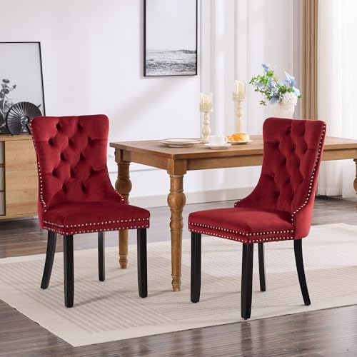 FINTHOMING Esszimmerstühle 2er Set, Küchenstühle 2er Set, Tufted Hoher Rücken Esstisch Stühle, Samt Weich Gepolstert Essstuhl mit Holzbeinen, Nieten Dekoration, Belastbarkeit 130kg von FINTHOMING