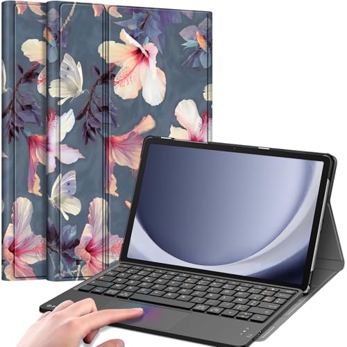 FINTIE Französische AZERTY-Tastatur für Samsung Galaxy Tab A9 Plus (A9+) 11 Zoll 2023, kabellose Tastatur mit Touchpad, Multi-Positions-Cover, Hibiskusblüte von FINTIE