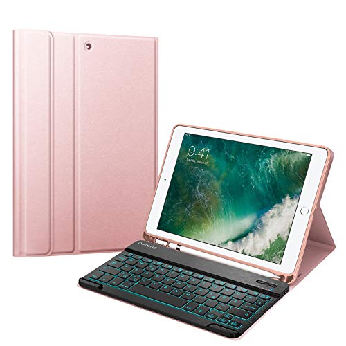 FINTIE beleuchtete Tastatur Hülle für iPad 9.7 Zoll 2018/2017 - Soft TPU Rückseite Gehäuse mit Pencil Halter, magnetisch Abnehmbarer QWERTZ Tastatur mit Hintergrundbeleuchtung, Roségold von FINTIE