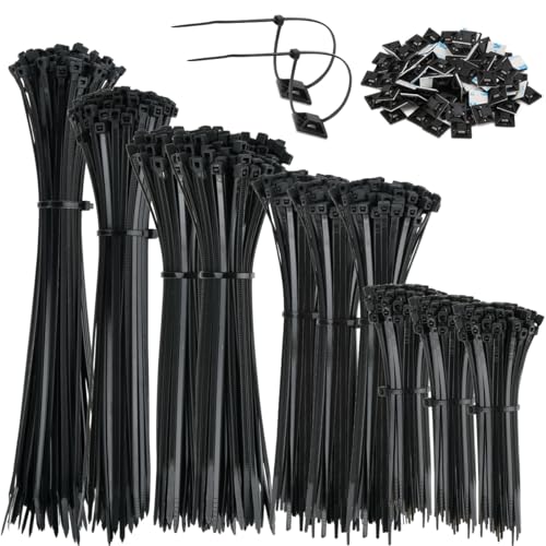 1000 Stück Kabelbinder Set Schwarz,100/150/200/250/300mm Kabelbinder UV Beständig Und 20 Klebesocke,Kunststoff Kabel Binder Set für Kabelmanagement,Gartenarbeit,Wohnen,Werkstätten von FINZOO