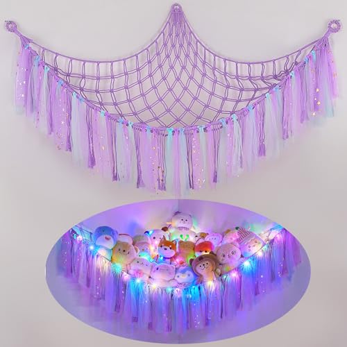 Fiobee Stofftier-Netz oder Hängematte mit LED-Licht, Spielzeug-Hängematte zum Aufhängen von Stofftieren, Organizer, Halter, Raumdekoration mit Quasten für Kinderzimmer, Spielzimmer, Kinderzimmer Fiobee Stofftier-Netz oder Hängematte mit LED-Licht, Spielzeug-Hängematte zum Aufhängen von Stofftieren, Organizer, Halter, Raumdekoration mit Quasten für Kinderzimmer, Spielzimmer, Kinderzimmer von FIOBEE