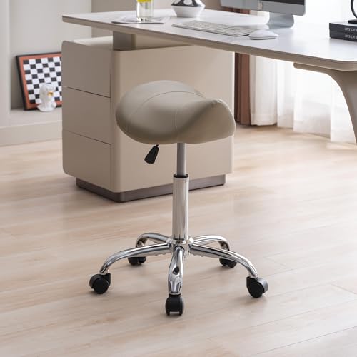 FIRAVOE Sattelhocker, drehbarer Sattelhocker mit Rollen, verstellbarer Rollhocker, 45,7 cm - 66 cm, Kunstleder, Rollsattelhocker für Salon, Massage, Klinik, Labor, Büro (Hellgrau, 1 Stück (45,7 cm - von FIRAVOE