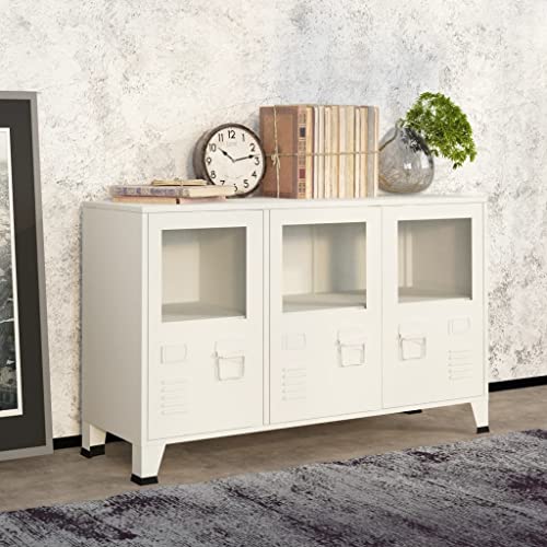 FIRBNUS 105x35x62 cm Industrial Sideboard Kommode mit Metallgriff Beistelltisch Highboard Schubladenschrank Schrank Anrichte Aufbewahrungsschrank Beistellschrank Weiß Metall und Glas von FIRBNUS