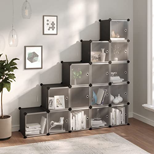 FIRBNUS 156x31,5x153,5 cm Regalsystem mit 15 Würfeln und Türen Schwarz PP Steckregal Würfelregal Stufenregal Mehrzweckschrank Kleiderschrank Bücherschrank für Badezimmer Wohnzimmer Schlichten Design von FIRBNUS