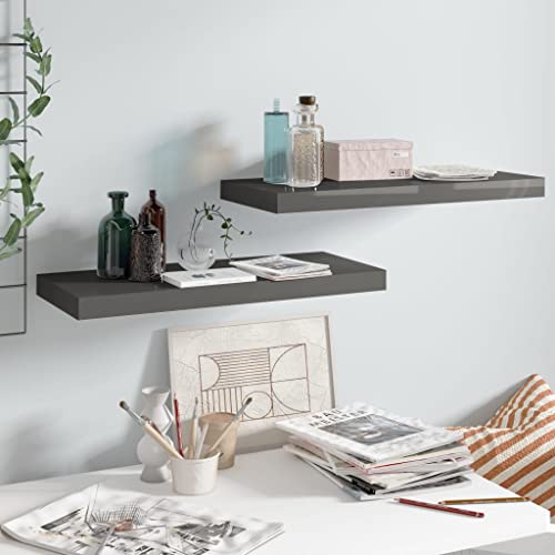 FIRBNUS 2 STK. Floating Wall Shelf 60x23,5x3,8 cm Hängeregal Regale Schweberegal Wandregale Regalboden Regal Hochglanz Grau Wand Regal Schwebend für Wohnzimmer Kinderzimmer Waben MDF Metall von FIRBNUS