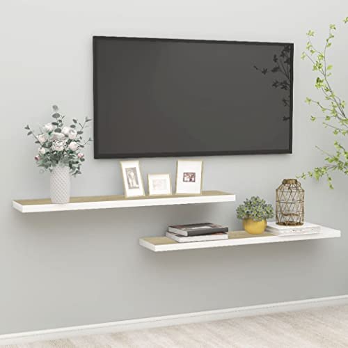 FIRBNUS 2 STK. Schweberegal 120x23,5x3,8 cm Floating Wall Shelf Hängeregal Wandregale Regale Regalboden Regal Wand Regal Schwebend für Wohnzimmer Kinderzimmer Waben MDF Metall Eiche Weiß von FIRBNUS