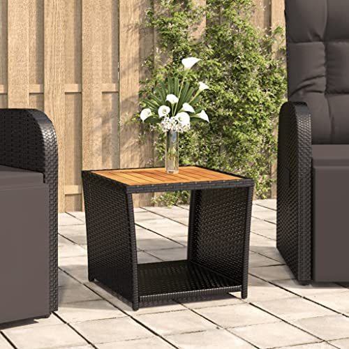 FIRBNUS 45x45x40 cm Garten Beistelltisch mit Holzplatte Couchtisch Balkontisch Terrassentisch Gartentisch Kaffeetisch Esstisch Schwarz Teetisch Wasserbeständiges Poly Rattan und Akazienholz von FIRBNUS